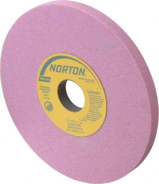Norton - 7" Diam x 1-1/4" Hole x 1/2" Thick, I Hardness, 60 Grit Surface Grinding Wheel - Aluminum Oxide, Type 1, Medium Grade, 3,600 Max RPM, Vitrified Bond, No Recess - Exact Tooling