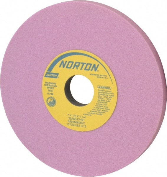 Norton - 7" Diam x 1-1/4" Hole x 1/2" Thick, K Hardness, 60 Grit Surface Grinding Wheel - Aluminum Oxide, Type 1, Medium Grade, 3,600 Max RPM, Vitrified Bond, No Recess - Exact Tooling