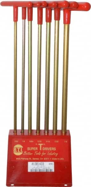 Made in USA - 7 Piece T-Handle Hex Key Set - Hex Range 7/64 to 1/4", 13" OAL, Chromalloy Steel - Exact Tooling