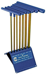 Made in USA - 7 Piece T-Handle Hex Key Set - Hex Range 2 to 8mm, 13" OAL, Chromalloy Steel - Exact Tooling