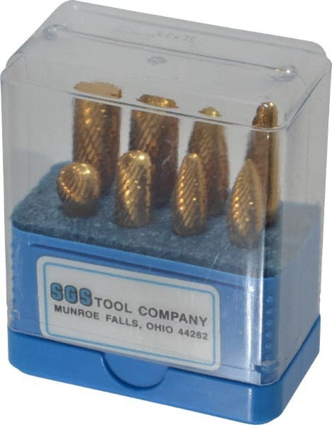 SGS Pro - 8 Piece, 1/4" Shank Burr Set - Tungsten Carbide, Multiple Head Shapes, 14° Included Angle - Exact Tooling