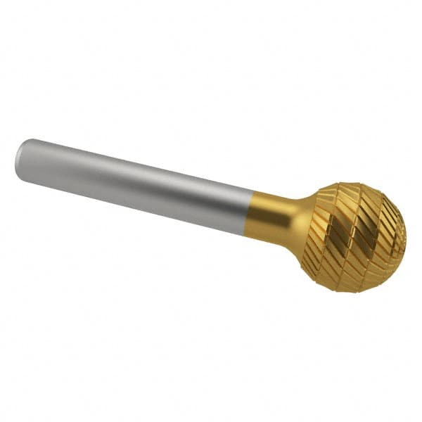SGS Pro - 3/8" Cut Diam, 1/4" Shank Diam, Ball Head Double Cut Burr - Carbide, Radius End, 5/16" LOC, 2-1/8" OAL - Exact Tooling