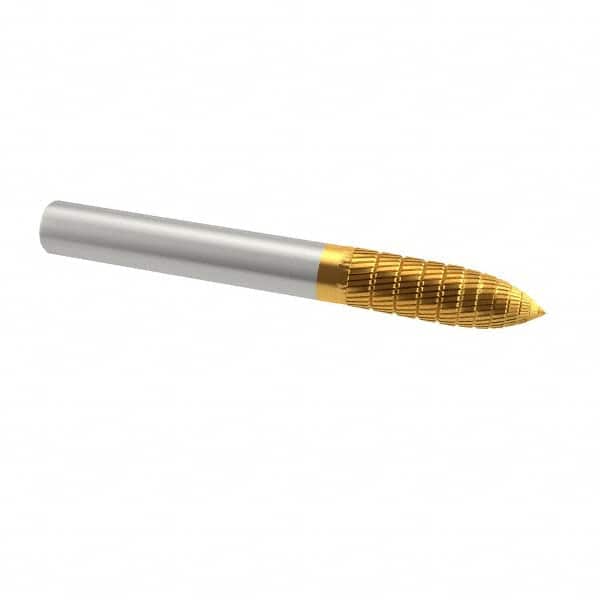 SGS Pro - 1/4" Cut Diam, 1/4" Shank Diam, Tree Head Double Cut Burr - Carbide, Point End, 5/8" LOC, 2" OAL - Exact Tooling