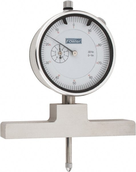 Fowler - 0 to 22 Inch Range, Steel, White Dial Depth Gage - 0.001 Inch Graduation, 0.001 Inch Accuracy, 1 Inch Travel, 4 Inch Base Measuring Length - Exact Tooling