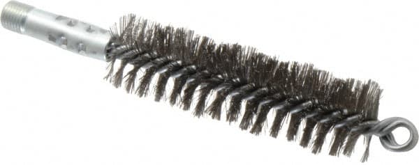 Schaefer Brush - 4-1/2" Brush Length, 1-1/4" Diam, Double Stem, Double Spiral Tube Brush - 7-1/4" Long, Stainless Steel, 1/4" NPSM Male Connection - Exact Tooling