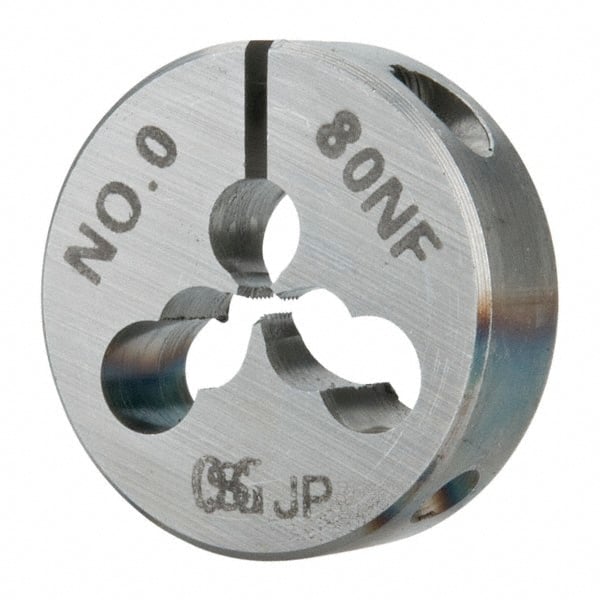 OSG - #0-80 UNF Thread, 13/16" Outside Diam High Speed Steel Round Die - 1/4" Thick, Right Hand Thread, Adjustable - Exact Tooling