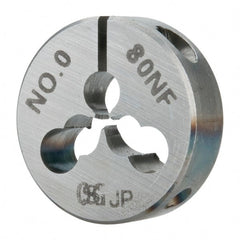 OSG - #0-80 UNF Thread, 13/16" Outside Diam High Speed Steel Round Die - 1/4" Thick, Right Hand Thread, Adjustable - Exact Tooling