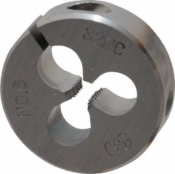 OSG - #6-32 UNC Thread, 13/16" Outside Diam High Speed Steel Round Die - 1/4" Thick, Right Hand Thread, Adjustable - Exact Tooling
