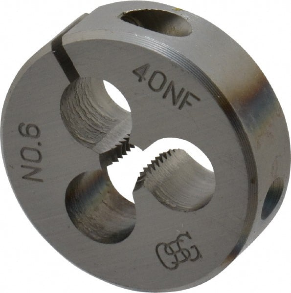 OSG - #6-40 UNF Thread, 13/16" Outside Diam High Speed Steel Round Die - 1/4" Thick, Right Hand Thread, Adjustable - Exact Tooling