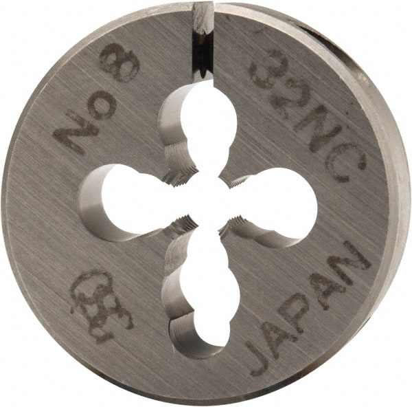 OSG - #8-32 UNC Thread, 13/16" Outside Diam High Speed Steel Round Die - 1/4" Thick, Right Hand Thread, Adjustable - Exact Tooling