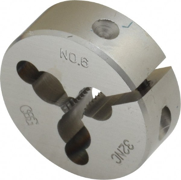 OSG - #6-32 UNC Thread, 1" Outside Diam High Speed Steel Round Die - 3/8" Thick, Right Hand Thread, Adjustable - Exact Tooling