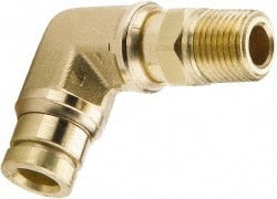 Parker - 1/4" Outside Diam, 1/8 NPTF, Brass Push-to-Connect Tube Male Swivel Elbow - 250 Max psi, Tube to Male NPT Connection, Buna-N O-Ring - Exact Tooling