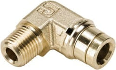 Parker - 1/2" Outside Diam, 1/4 NPTF, Brass Push-to-Connect Tube Male Elbow - 250 Max psi, Tube to Male NPT Connection, Buna-N O-Ring - Exact Tooling