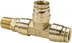 Parker - 1/2" Outside Diam, 1/2 NPTF, Brass Push-to-Connect Tube Male Swivel Run Tee - 250 Max psi, Tube to Male NPT Connection, Buna-N O-Ring - Exact Tooling