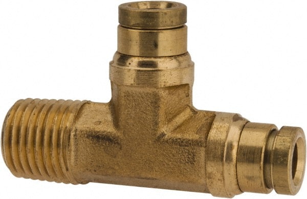 Parker - 1/4" Tube OD, 1/4 NPTF Brass Push-to-Connect Tube Male Run Tee - 250 Max psi, Tube to Male NPT Connection, Buna-N O-Ring, -40 to 200°F Working Temp - Exact Tooling