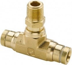 Parker - 1/4" Outside Diam, 1/8 NPT, Brass Push-to-Connect Tube Male Swivel Branch Tee - 250 Max psi, Tube to Male NPT Connection, Buna-N O-Ring - Exact Tooling