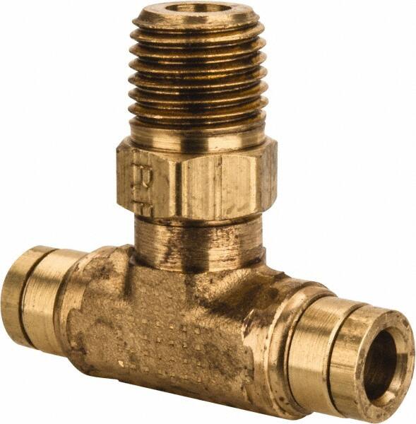 Parker - 1/4" Outside Diam, 1/4 NPT, Brass Push-to-Connect Tube Male Swivel Branch Tee - 250 Max psi, Tube to Male NPT Connection, Buna-N O-Ring - Exact Tooling