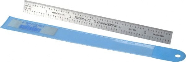PEC Tools - 6" Long, 1/100, 1/10" and 0.5, 1mm Graduation, Flexible Steel Rule - Decimal/Metric Graduation Style, 1/2" Wide, Silver, Satin Chrome Finish - Exact Tooling