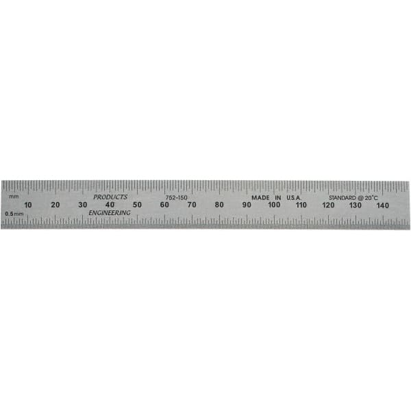 PEC Tools - 150mm Long, 0.5, 1mm Graduation, Rigid Steel Rule - Metric Graduation Style, 3/4" Wide, Silver, Satin Chrome Finish - Exact Tooling