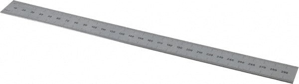 PEC Tools - 300mm Long, 0.5, 1mm Graduation, Rigid Steel Rule - Metric Graduation Style, 1" Wide, Silver, Satin Chrome Finish - Exact Tooling