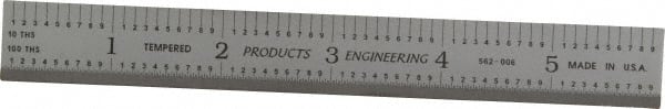 PEC Tools - 6" Long, 1/100, 1/10" and 0.5, 1mm Graduation, Rigid Steel Rule - Decimal/Metric Graduation Style, 3/4" Wide, Silver, Satin Chrome Finish - Exact Tooling