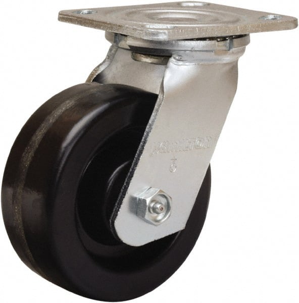Hamilton - 5" Diam x 2" Wide x 6-1/2" OAH Top Plate Mount Swivel Caster - Phenolic, 900 Lb Capacity, Straight Roller Bearing, 4 x 4-1/2" Plate - Exact Tooling