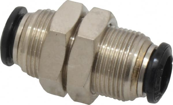 Alpha Technologies - 8mm Outside Diam, Nickel Plated Brass Push-to-Connect Tube Bulkhead Union - 250 Max psi, Tube to Tube Connection, Buna O-Ring - Exact Tooling