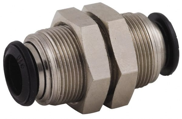 Alpha Technologies - 5mm Outside Diam, Nickel Plated Brass Push-to-Connect Tube Bulkhead Union - 250 Max psi, Tube to Tube Connection, Buna O-Ring - Exact Tooling