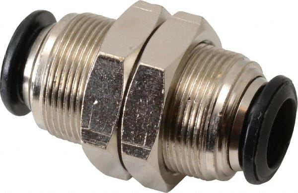 Alpha Technologies - 10mm Outside Diam, Nickel Plated Brass Push-to-Connect Tube Bulkhead Union - 250 Max psi, Tube to Tube Connection, Buna O-Ring - Exact Tooling