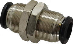 Alpha Technologies - 12mm Outside Diam, Nickel Plated Brass Push-to-Connect Tube Bulkhead Union - 250 Max psi, Tube to Tube Connection, Buna O-Ring - Exact Tooling