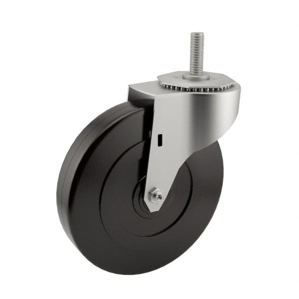 E.R. Wagner - 5" Diam x 1-1/4" Wide x 5-1/2" OAH Stem Mount Swivel Caster - Soft Rubber, 190 Lb Capacity, Delrin Bearing, 3/8-16 x 1" Threaded Stem - Exact Tooling