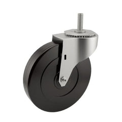 E.R. Wagner - 5" Diam x 1-1/4" Wide x 5-1/2" OAH Stem Mount Swivel Caster - Soft Rubber, 190 Lb Capacity, Delrin Bearing, 3/8-16 x 1" Threaded Stem - Exact Tooling