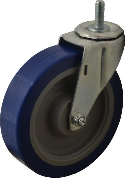 E.R. Wagner - 5" Diam x 1-1/4" Wide x 5-1/2" OAH Stem Mount Swivel Caster - Polyurethane, 280 Lb Capacity, Delrin Bearing, 3/8-16 x 1" Threaded Stem - Exact Tooling