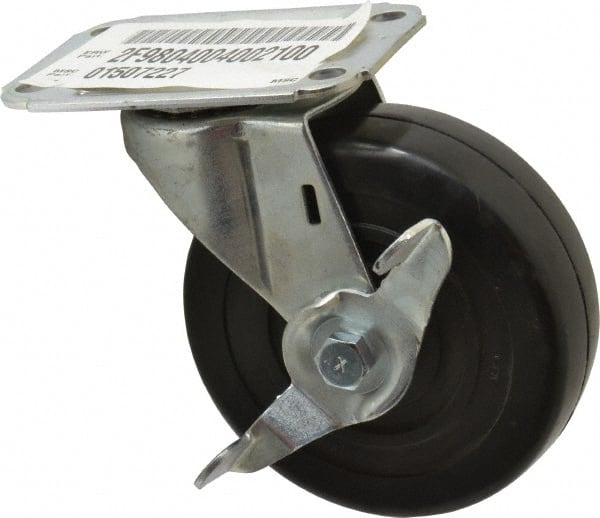 E.R. Wagner - 4" Diam x 1-1/4" Wide x 4-11/16" OAH Top Plate Mount Swivel Caster with Brake - Soft Rubber, 165 Lb Capacity, Delrin Bearing, 2-3/4 x 3-3/4" Plate - Exact Tooling