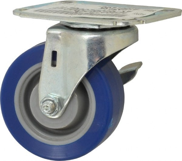 E.R. Wagner - 3" Diam x 1-1/4" Wide x 3-3/4" OAH Top Plate Mount Swivel Caster with Brake - Polyurethane, 210 Lb Capacity, Delrin Bearing, 2-3/4 x 3-3/4" Plate - Exact Tooling