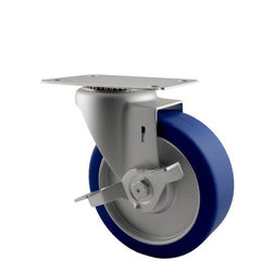 E.R. Wagner - 5" Diam x 1-1/4" Wide x 5-5/8" OAH Top Plate Mount Swivel Caster with Brake - Polyurethane, 280 Lb Capacity, Delrin Bearing, 2-3/4 x 3-3/4" Plate - Exact Tooling