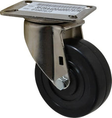 E.R. Wagner - 4" Diam x 1-3/8" Wide x 5-3/8" OAH Top Plate Mount Swivel Caster - Soft Rubber, 200 Lb Capacity, Delrin Bearing, 3-1/8 x 4-1/8" Plate - Exact Tooling