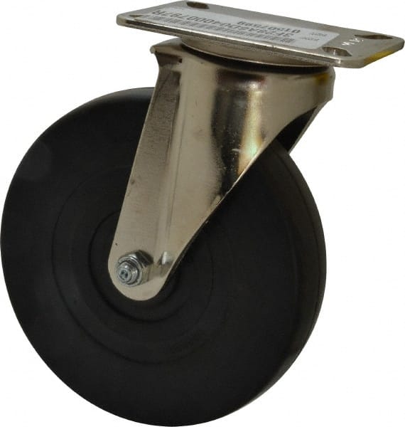 E.R. Wagner - 6" Diam x 1-3/8" Wide x 7-3/8" OAH Top Plate Mount Swivel Caster - Soft Rubber, 280 Lb Capacity, Delrin Bearing, 3-1/8 x 4-1/8" Plate - Exact Tooling