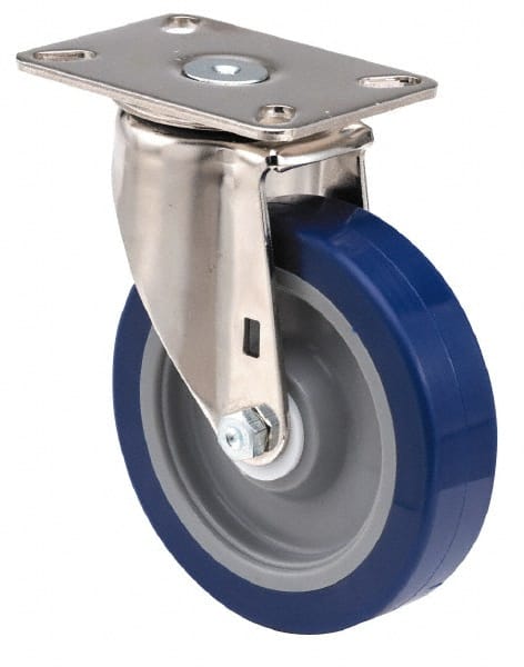 E.R. Wagner - 5" Diam x 1-3/8" Wide x 6-3/8" OAH Top Plate Mount Swivel Caster - Soft Rubber, 240 Lb Capacity, Delrin Bearing, 3-1/8 x 4-1/8" Plate - Exact Tooling