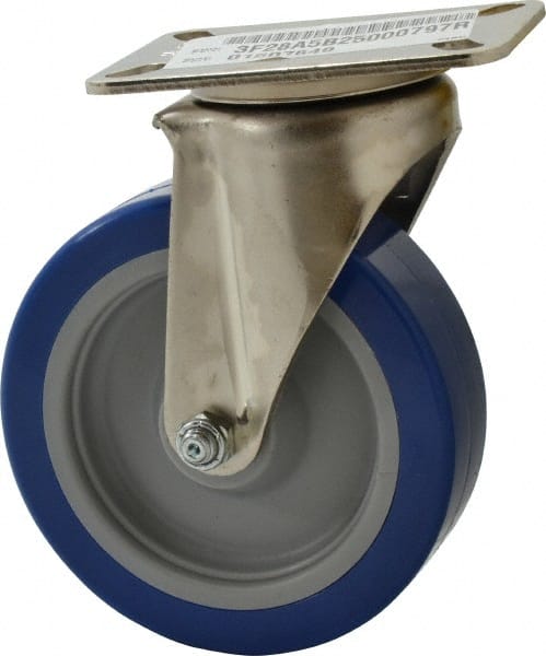 E.R. Wagner - 5" Diam x 1-1/2" Wide x 6-3/8" OAH Top Plate Mount Swivel Caster - Polyurethane, 450 Lb Capacity, Delrin Bearing, 3-1/8 x 4-1/8" Plate - Exact Tooling