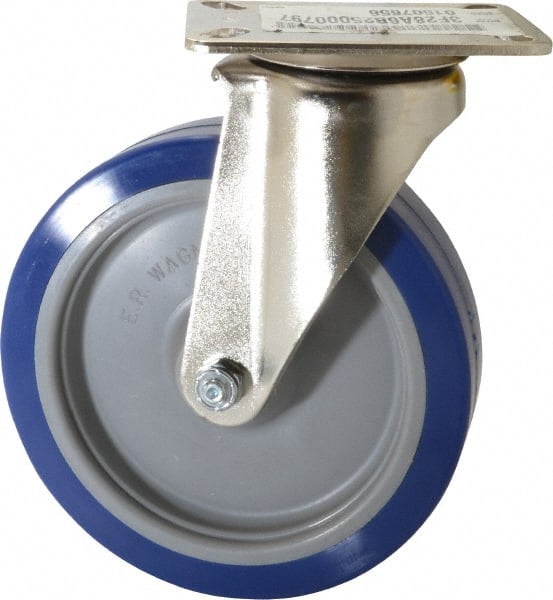 E.R. Wagner - 6" Diam x 1-1/2" Wide x 7-3/8" OAH Top Plate Mount Swivel Caster - Polyurethane, 450 Lb Capacity, Delrin Bearing, 3-1/8 x 4-1/8" Plate - Exact Tooling