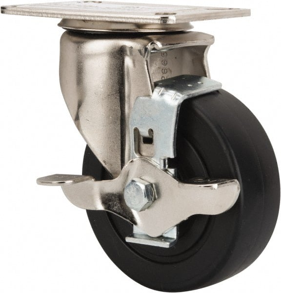 E.R. Wagner - 4" Diam x 1-1/2" Wide x 5-3/8" OAH Top Plate Mount Swivel Caster with Brake - Polyolefin, 375 Lb Capacity, Delrin Bearing, 3-1/8 x 4-1/8" Plate - Exact Tooling