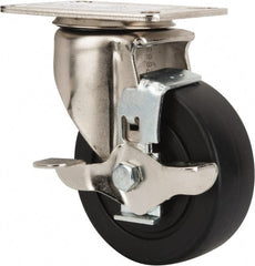 E.R. Wagner - 4" Diam x 1-1/2" Wide x 5-3/8" OAH Top Plate Mount Swivel Caster with Brake - Polyolefin, 375 Lb Capacity, Delrin Bearing, 3-1/8 x 4-1/8" Plate - Exact Tooling