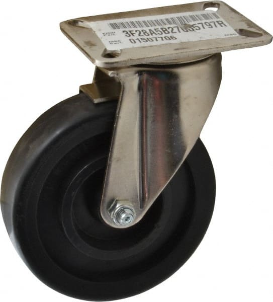 E.R. Wagner - 5" Diam x 1-3/8" Wide x 6-3/8" OAH Top Plate Mount Swivel Caster with Brake - Polyolefin, 450 Lb Capacity, Delrin Bearing, 3-1/8 x 4-1/8" Plate - Exact Tooling