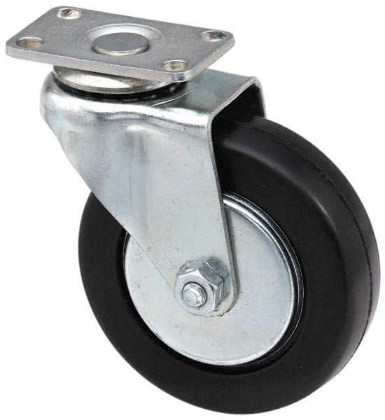 E.R. Wagner - 4" Diam x 1-3/8" Wide x 5-1/16" OAH Top Plate Mount Swivel Caster - Soft Rubber, 200 Lb Capacity, Delrin Bearing, 3-1/8 x 4-1/8" Plate - Exact Tooling
