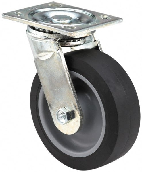 E.R. Wagner - 6" Diam x 2" Wide x 7-1/2" OAH Top Plate Mount Swivel Caster - Polyurethane, 1,200 Lb Capacity, Roller Bearing, 5 x 5-1/2" Plate - Exact Tooling