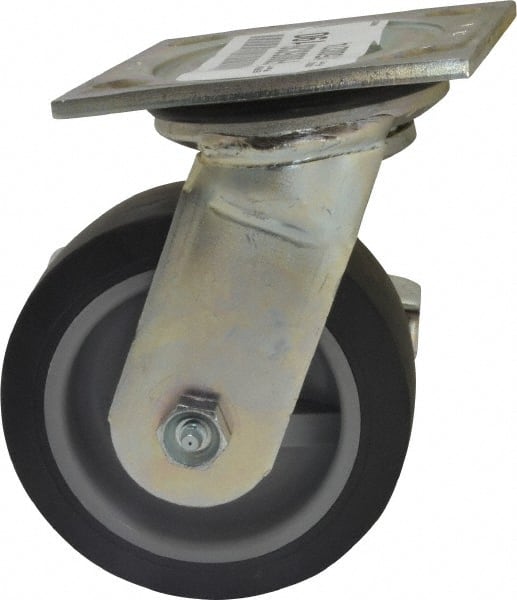 E.R. Wagner - 5" Diam x 2" Wide x 6-1/2" OAH Top Plate Mount Swivel Caster with Brake - TPR, 325 Lb Capacity, Roller Bearing, 4 x 4-1/2" Plate - Exact Tooling