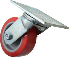 E.R. Wagner - 5" Diam x 2" Wide x 6-1/2" OAH Top Plate Mount Swivel Caster - Polyurethane, 750 Lb Capacity, Roller Bearing, 4 x 4-1/2" Plate - Exact Tooling