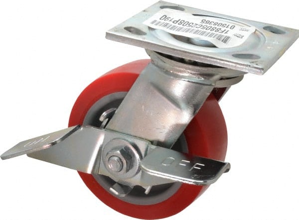 E.R. Wagner - 5" Diam x 2" Wide x 6-1/2" OAH Top Plate Mount Swivel Caster with Brake - Polyurethane, 750 Lb Capacity, Roller Bearing, 4 x 4-1/2" Plate - Exact Tooling