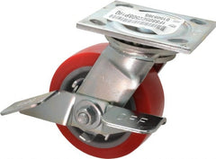 E.R. Wagner - 5" Diam x 2" Wide x 6-1/2" OAH Top Plate Mount Swivel Caster with Brake - Polyurethane, 750 Lb Capacity, Roller Bearing, 4 x 4-1/2" Plate - Exact Tooling